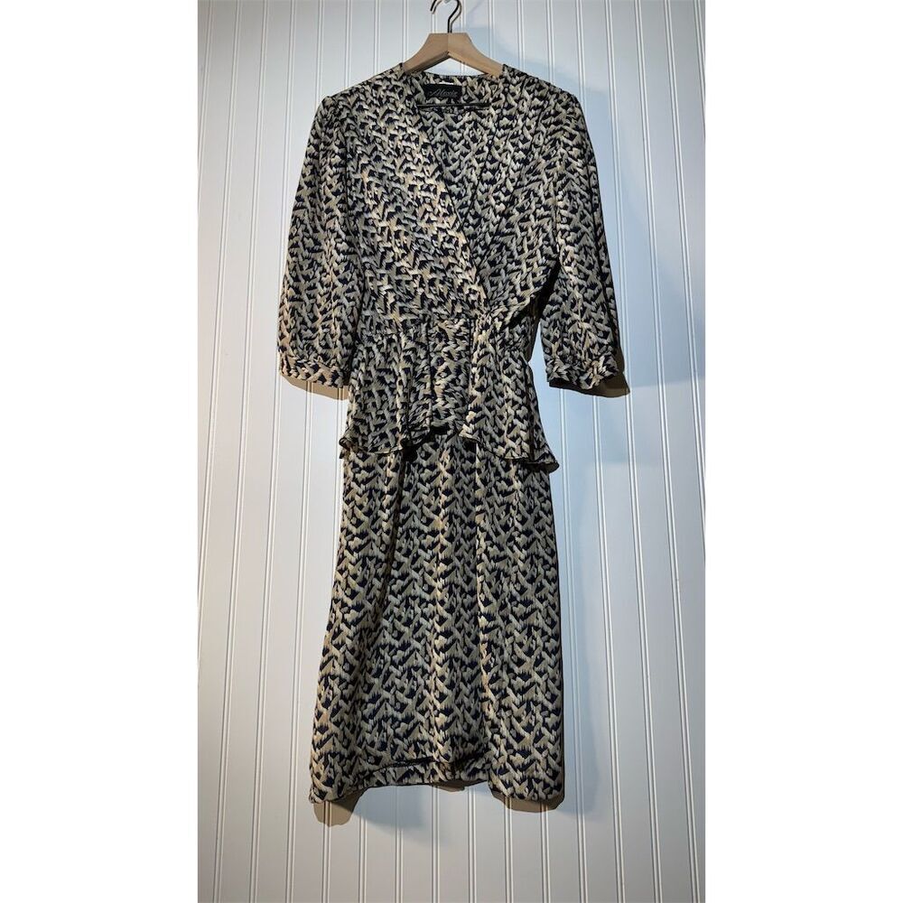 VTG Alexis Wrap Dress Size 4 80s Peplum Abstract Artsy Print Midi Retro Chic